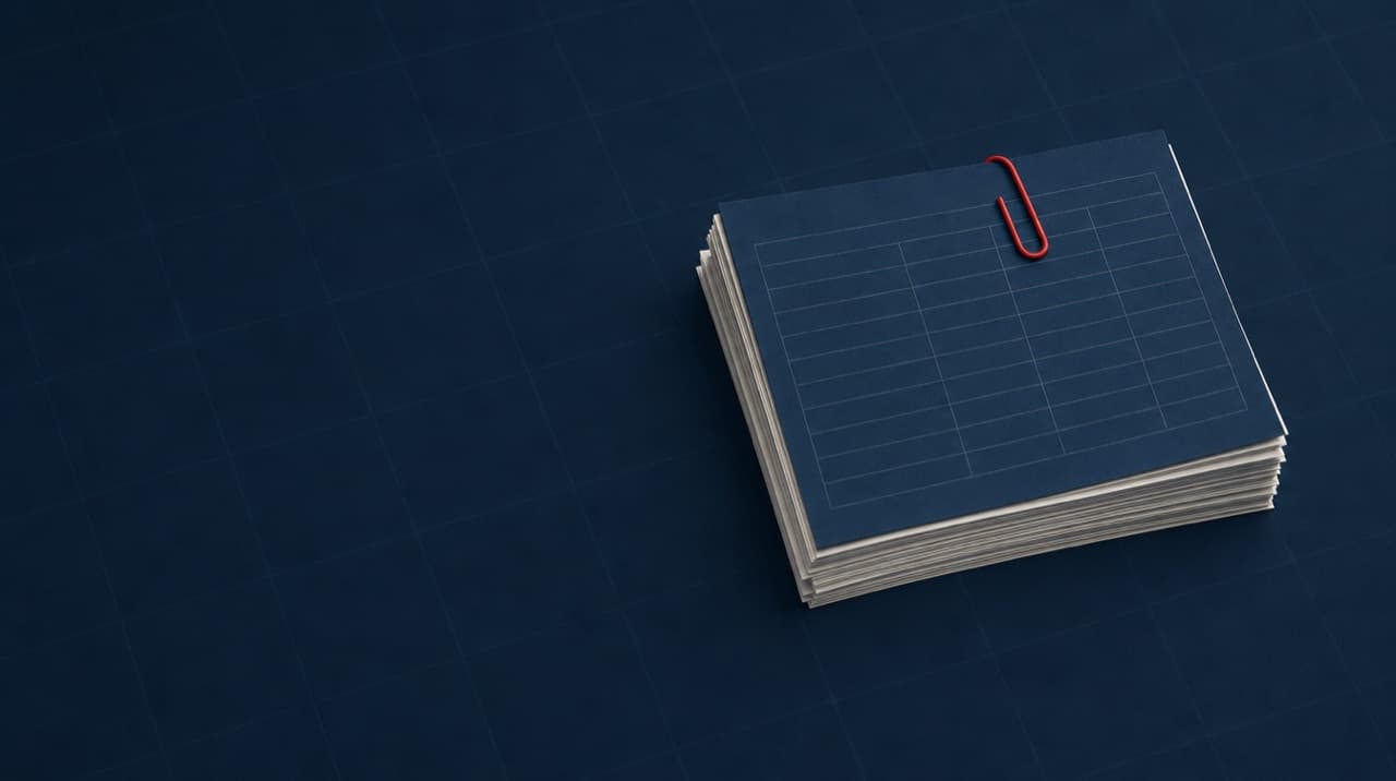 A neat pile of dividend statement slips in navy with off-white edges, held by a single crimson paper clip on a navy ledger-grid background.