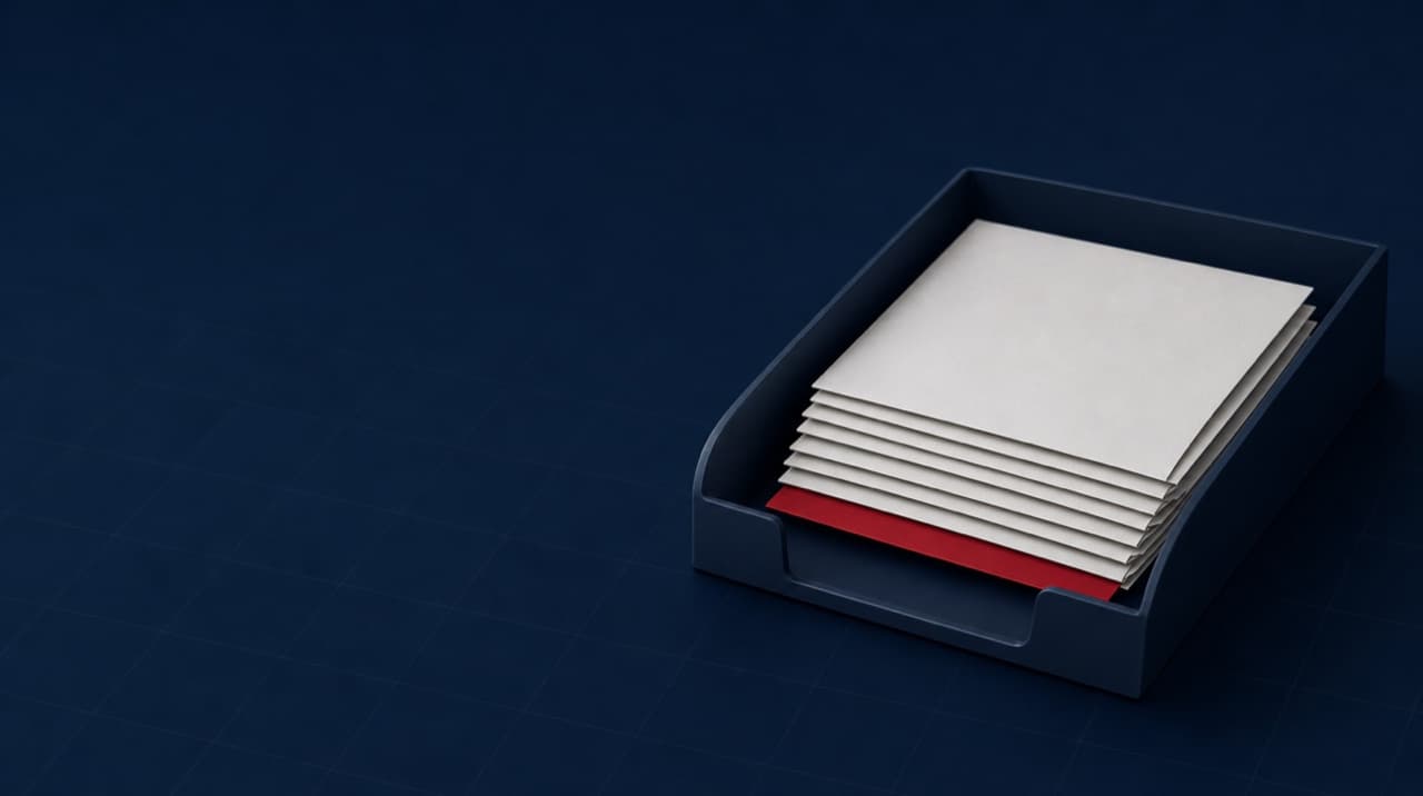 A navy document tray holding neatly stacked folded paper slips, one crimson slip protruding, on a navy ledger-grid background.