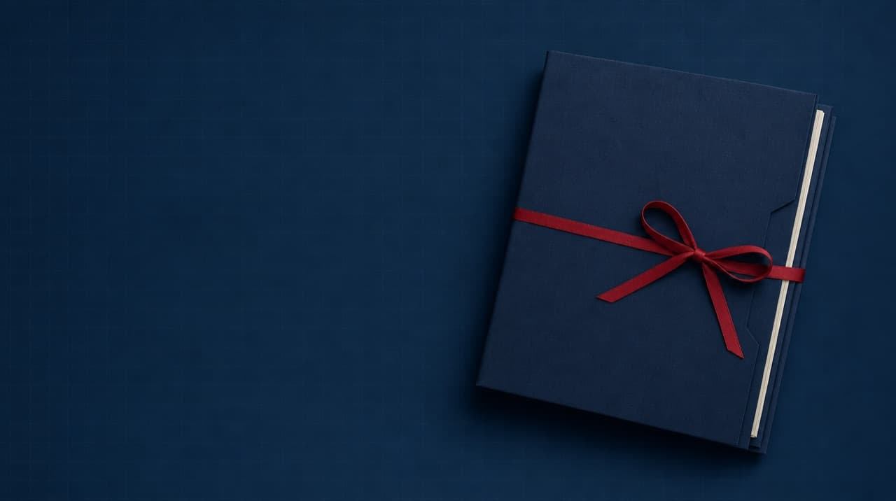 A closed navy archive folder tied with a thin crimson ribbon, off-white page edges just visible, on a navy ledger-grid background.