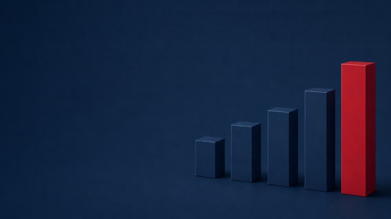 A rising row of matte navy blocks like a bar chart, the tallest final block in crimson, on a navy ledger-grid background.