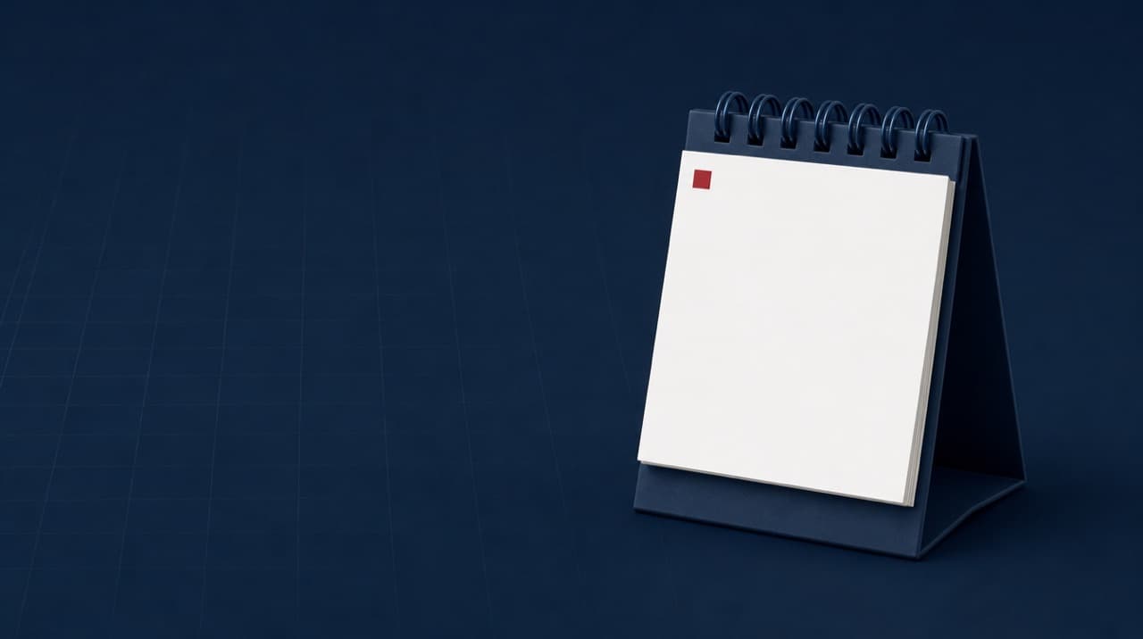 A minimalist navy desk flip-calendar with a blank off-white page and one small crimson corner marker, on a navy ledger-grid background.
