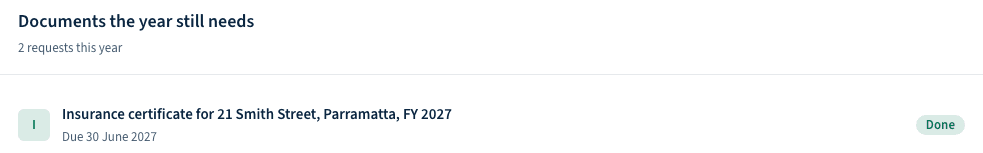 Documents the year still needs card on the trustee's Documents page, 2 requests this year, with the row Insurance certificate for 21 Smith Street, Parramatta, FY 2027, due 30 June 2027, marked Done