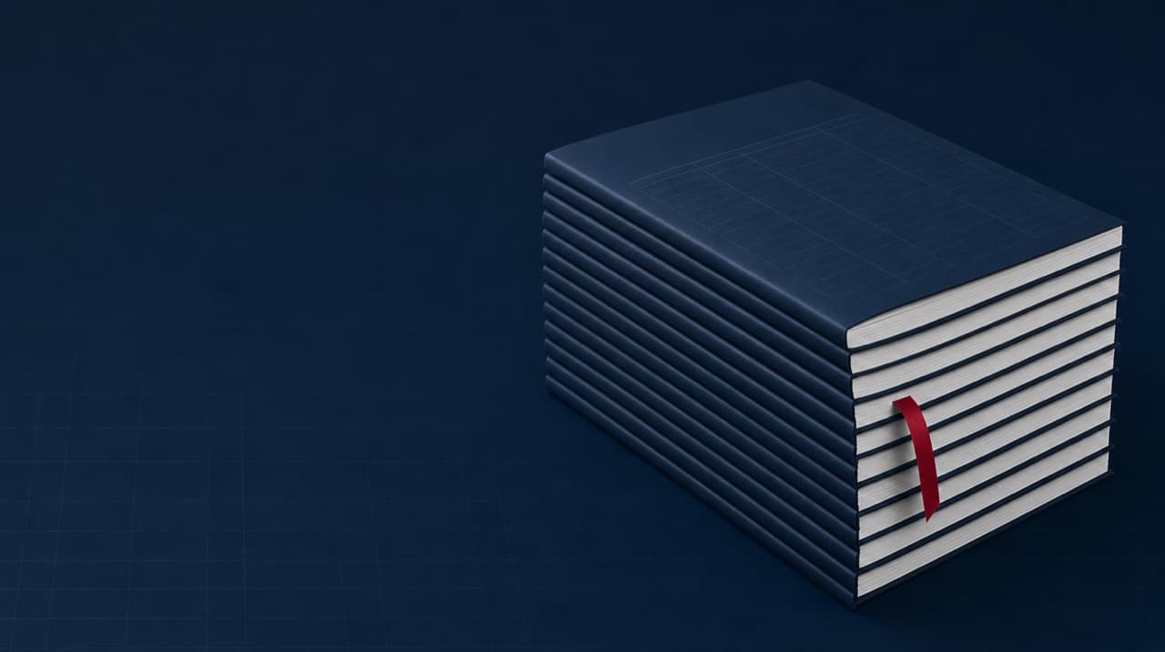 A tall stack of navy audit report booklets with off-white page edges and a single crimson bookmark ribbon, on a navy ledger-grid background