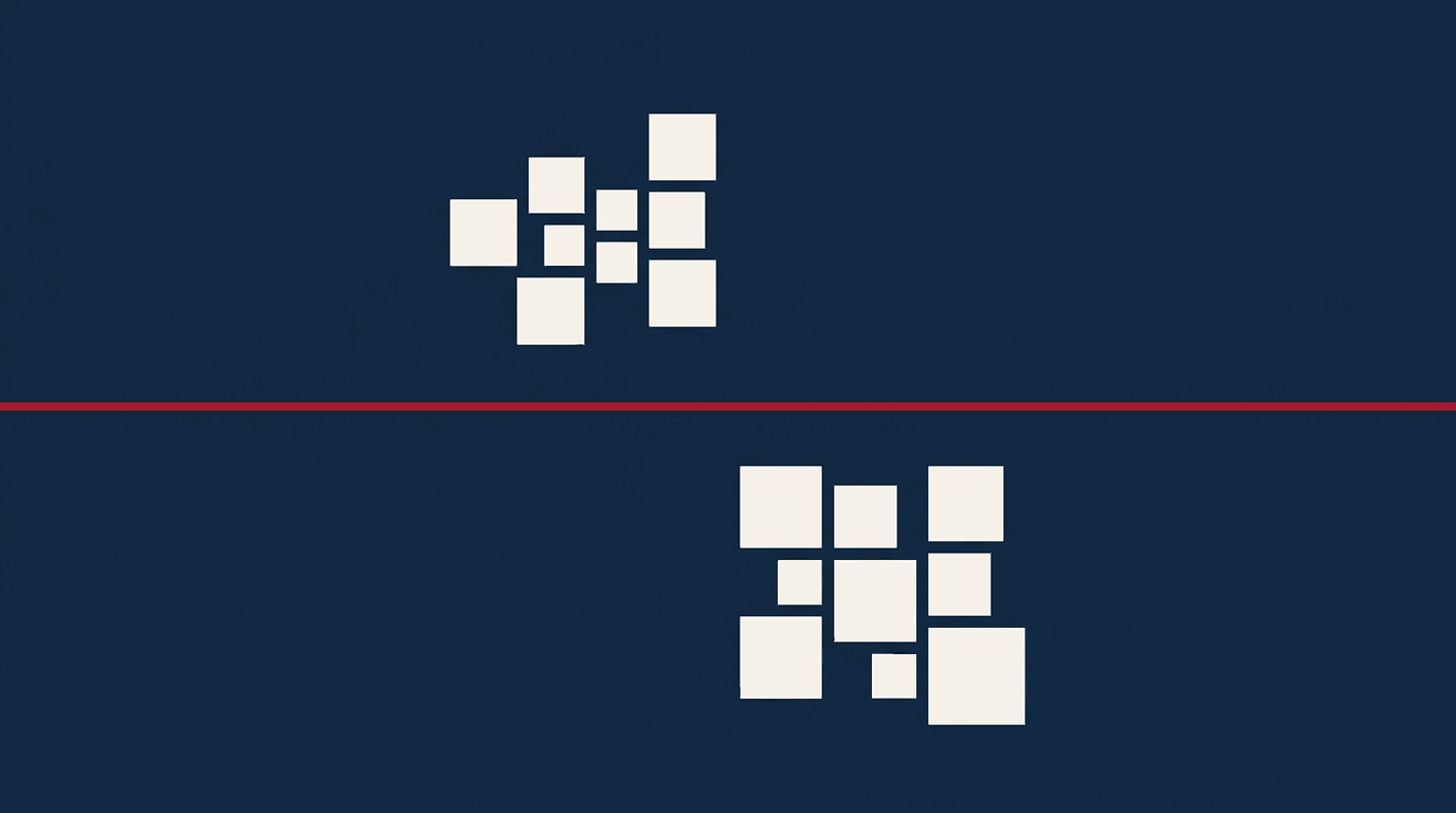 Two clusters of squares above and below a single horizontal crimson divider. Editorial illustration of two regions that look similar but obey different rules.